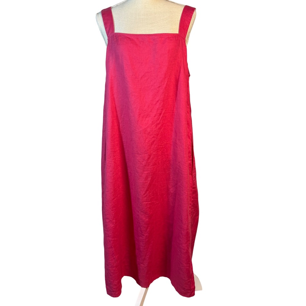 Eileen Fisher Organic Linen Square Neck Midi Dress Fuchsia Pink Womens Large - Picture 2 of 8